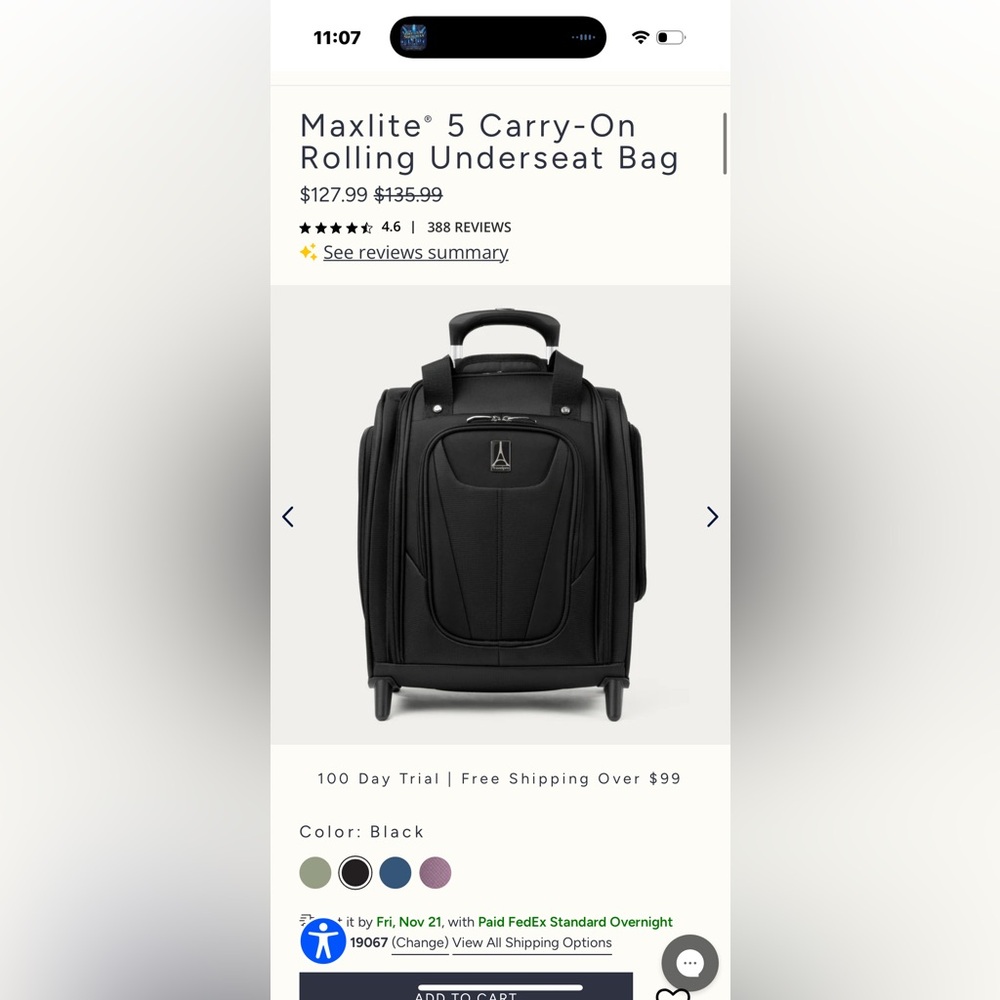 Travelpro Maxlite 5 Black Carry-On Rolling Bag